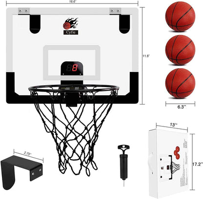 Indoor Basketball Hoop with Scoreboard and Sounds, 17"X12" Mini Door Basketball Hoop Net Set Door over the Backboard Rim with Balls for Toddles Youth Adults Outdoor Basketball Game