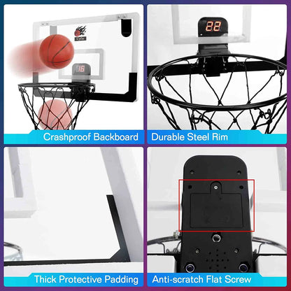 Indoor Basketball Hoop with Scoreboard and Sounds, 17"X12" Mini Door Basketball Hoop Net Set Door over the Backboard Rim with Balls for Toddles Youth Adults Outdoor Basketball Game