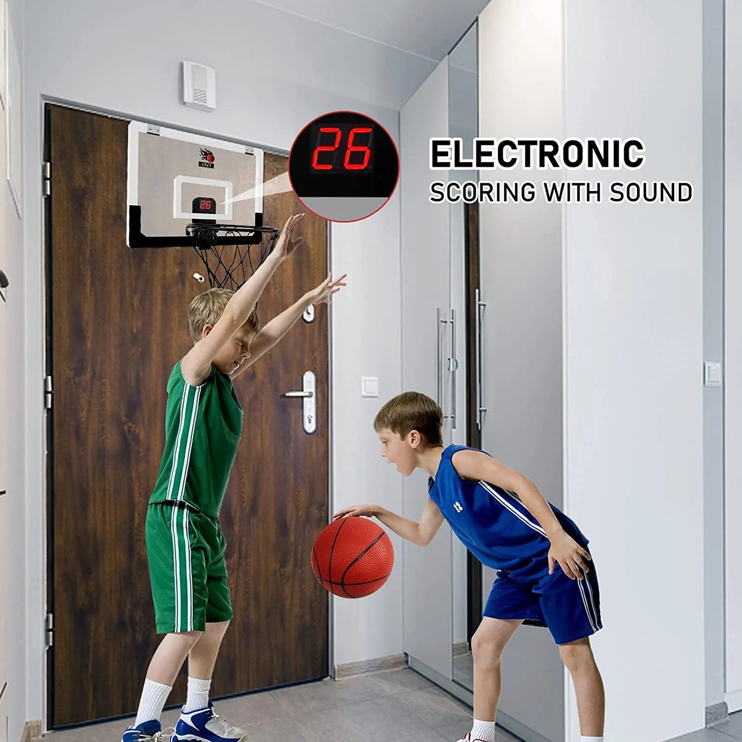 Indoor Basketball Hoop with Scoreboard and Sounds, 17"X12" Mini Door Basketball Hoop Net Set Door over the Backboard Rim with Balls for Toddles Youth Adults Outdoor Basketball Game