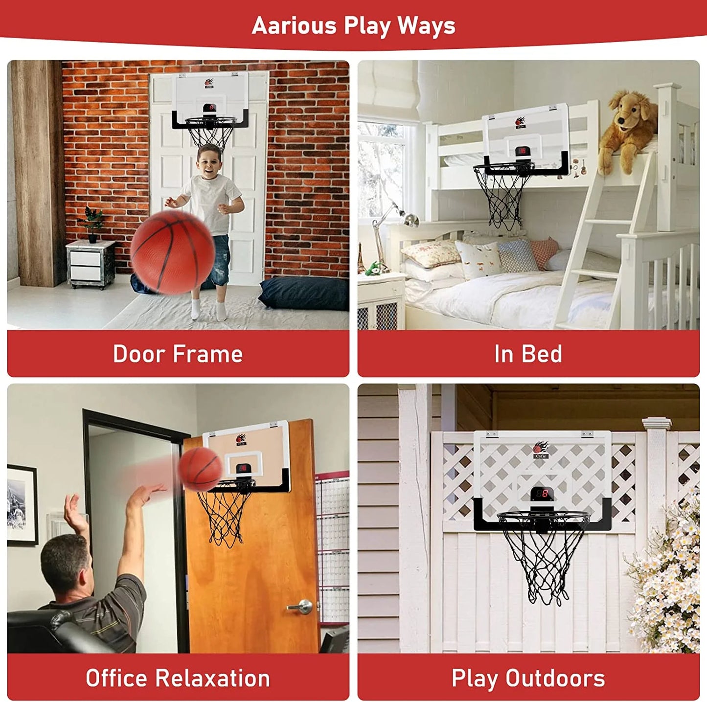 Indoor Basketball Hoop with Scoreboard and Sounds, 17"X12" Mini Door Basketball Hoop Net Set Door over the Backboard Rim with Balls for Toddles Youth Adults Outdoor Basketball Game