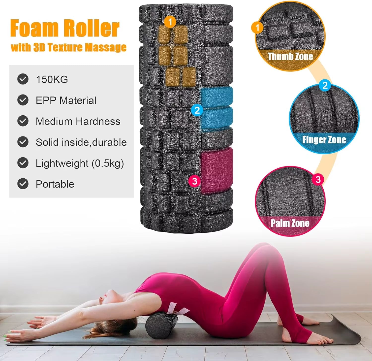 Pilates Yoga Roller Fitness Foam Roller 33X14Cm Deep Tissue Massager for Muscle Massage and Myofascial Trigger Point Release